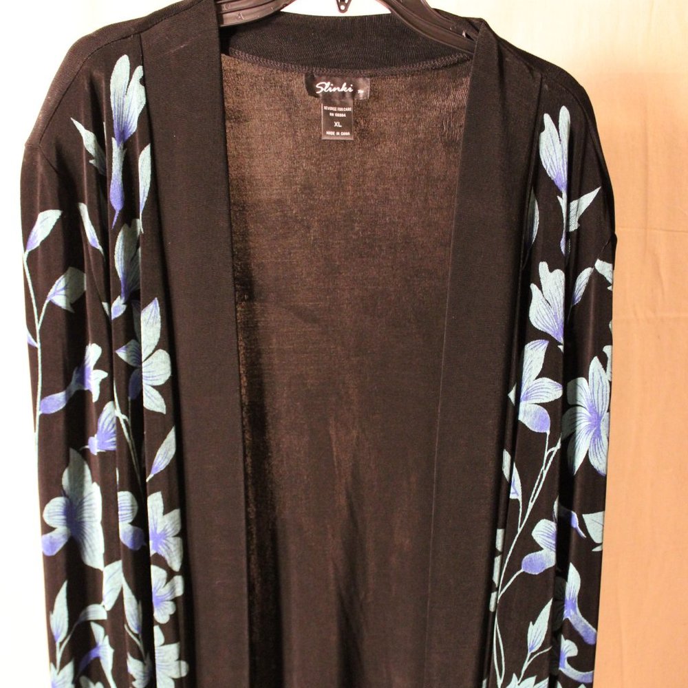 SLINKI  cardigan, black with light blue flowers.  Size XL.